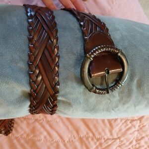 Brown Braided Leather Belt with Large Round Buckle S/M